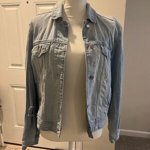 American Eagle light wash patchwork distressed denim jacket size medium